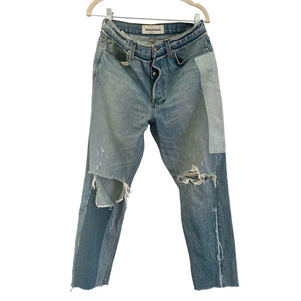 Reformation Jeans Women 29Skinny Patch Torres Wash Hidden Button Fly Raw Hem